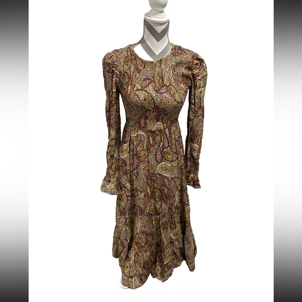 Boho Paisley Midi Dress Large Long Sleeve Ruffle Hem Flowy Fall Dress